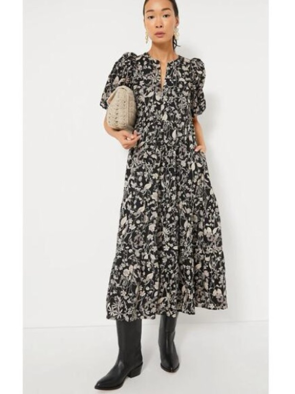 Tuckernuck Hyacinth House, Black Floral Midi Dress with Cream Print